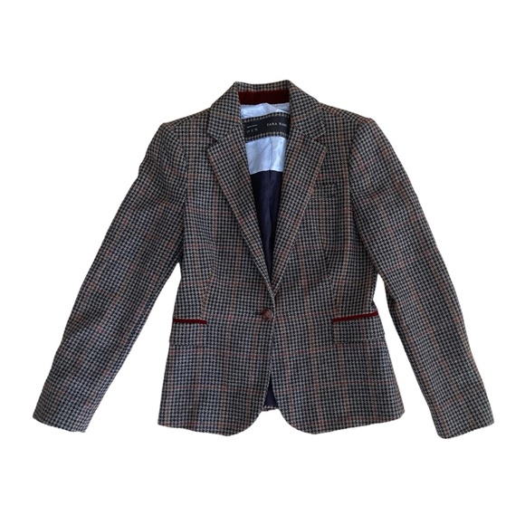 Zara Houndstooth Blazer w/ Red Elbow Patches. - Picture 1 of 9